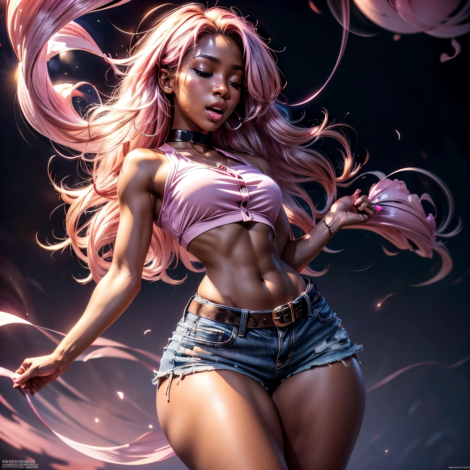 in pink hypnosis, (1), (dark skin), dark skin, wide shot, blond hair, orgasm, (white button down top, pink shorts with belt), (Masterpiece, Professional lighting, 16k, 8k wallpaper, raw photo, photorealistic:1.8, ultra detailed, natural lighting, detailed skin sexy pose, open mouth, big lips, night time, eyes closed, magical world, pink smoke, orgasm, screaming, ((slim thick body:1.2)), hypnosis