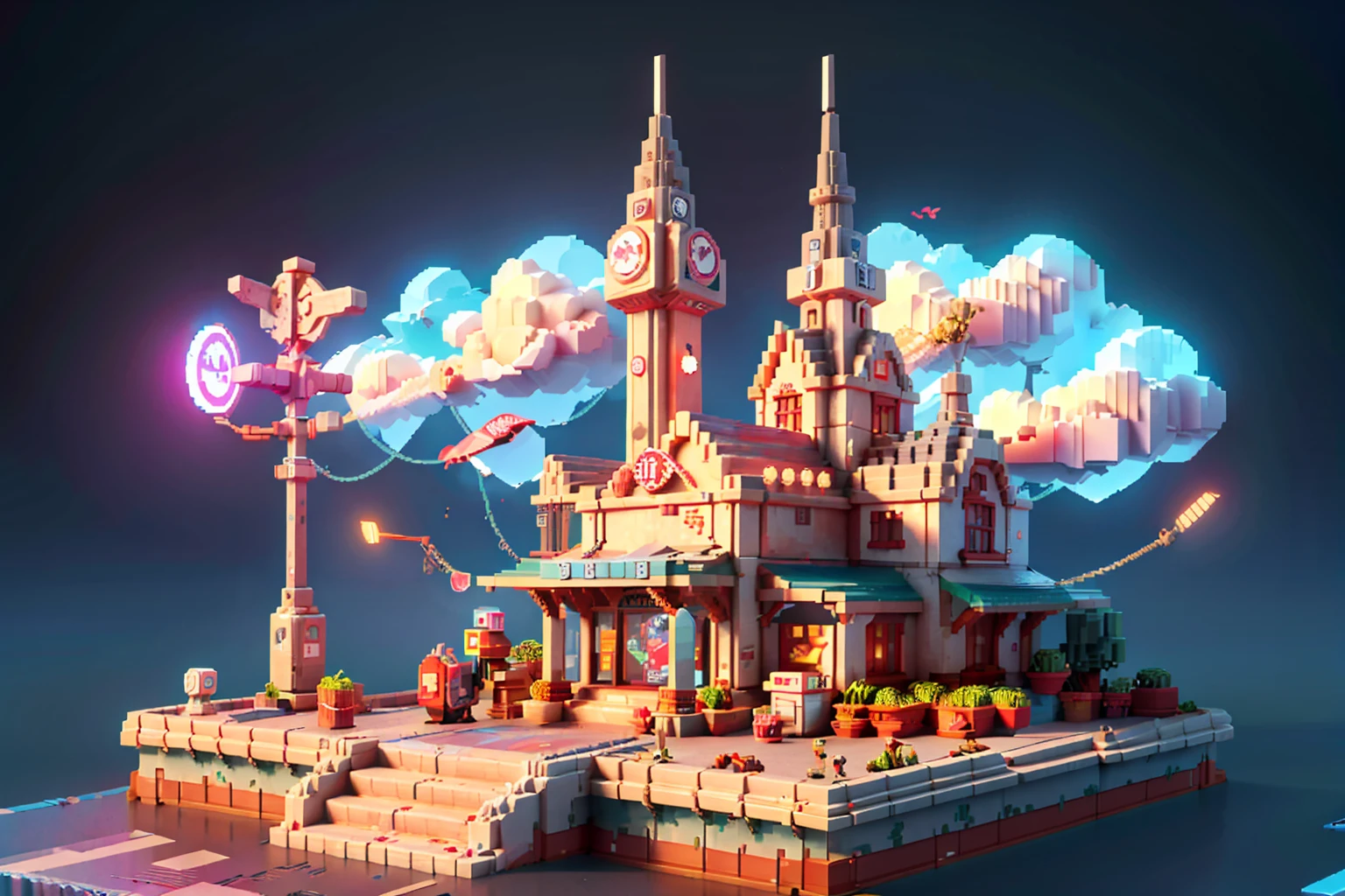 masterpiece,best quality,(ray tracing,cinematic lighting), , (concept art background \(Voxel\):1.6), (vbcb:1.6), 3d pixel art, (vpa:1.3), (minecraft:1.3),Voxel, scenery, no humans, bird, building, smoke, city, cityscape, bridge, outdoors, fog, sky, cloud, aircraft, crane (machine), tower, watercraft, smokestack,
, motor vehicle, ground vehicle, halo, motorcycle, 1girl, lamppost, solo, scenery, building, outdoors, city, sky, cityscape, city lights, road, wide shot, night, skyscraper, sitting, science fiction, standing, white hair
