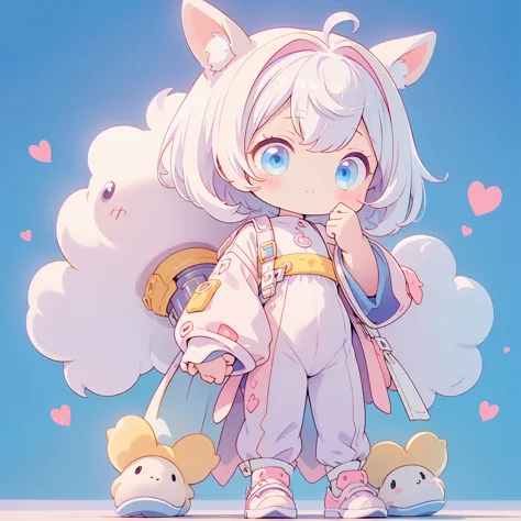 a cute little guy wearing a rabbit costume、fluffy、loose、pastel colour、highest quality、masterpiece、milky white hair color、kawaii ...