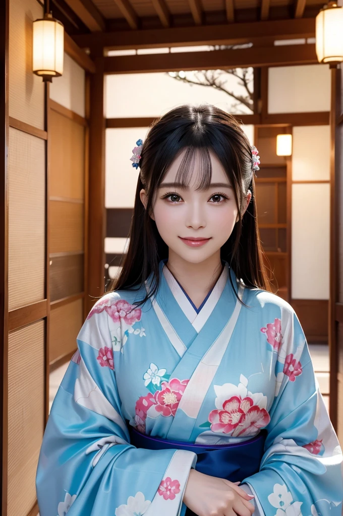 8k、High definition、Ultra Detail、Photorealistic、High resolution、Realistic and accurate depiction、Realistic and accurate human anatomy、Highest quality、Japanese women 、beautiful girl、(((JPGND))), (((kimono))), ((Highest quality、8k傑作:1.3))、(Super beautiful face:1.0)、(Glowing Skin:1.0)、Realistic photos、Perfect dynamic composition, Video Lighting、High resolutionの目と顔、One of the Japan, Pure beauty, cute, elegant, kimono, smile, ,A long-established inn in Kyoto, Japanese garden, Luxurious Japanese-style room, 振り返ってsmile