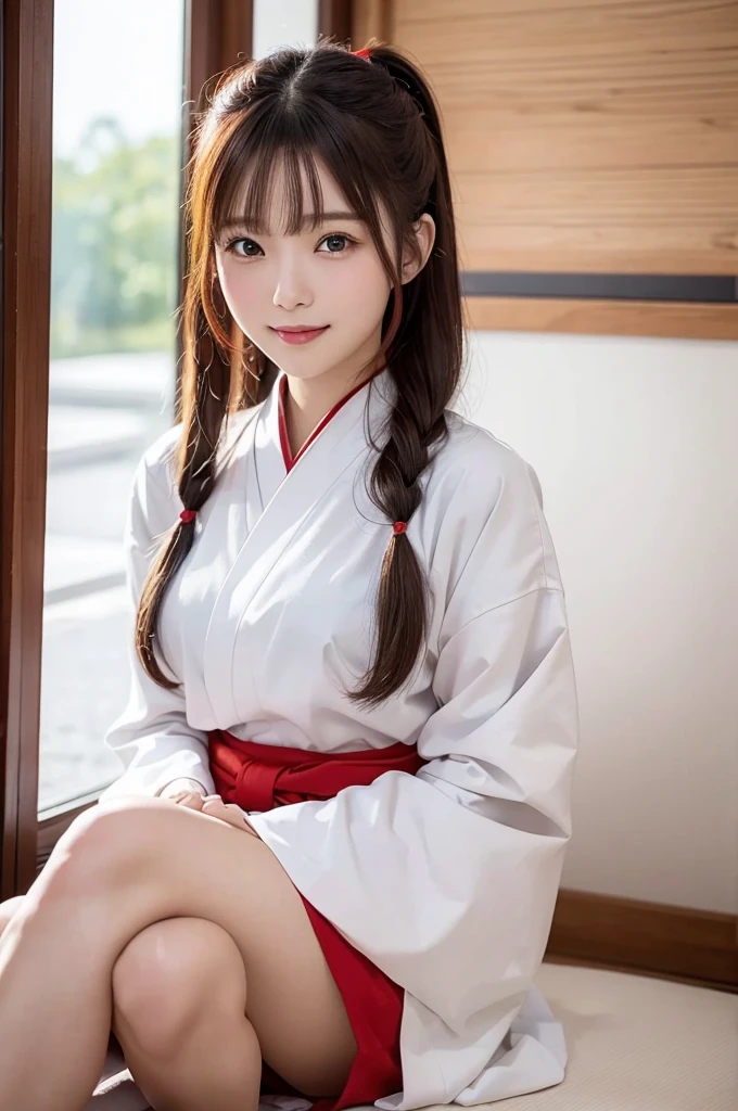 8k、High definition、Ultra Detail、Photorealistic、High resolution、Realistic and accurate depiction、Realistic and accurate human anatomy、Highest quality、Japanese women 、beautiful girl、White and red hakama、Red hakama on top and red on bottom,White tabi,Red ribbon in hair,18-year-old,bangs,Smile a little,knees,Japanese style hairstyle,Looking up from below, An innocent smile、Natural Makeup、Perfect Skin、Charm、cute