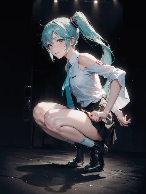 one person, alone, female chilis, masterpiece, beautiful haniss, hatsune miku, white shirt, (black skirt:1.3), blue tie, bare sh...