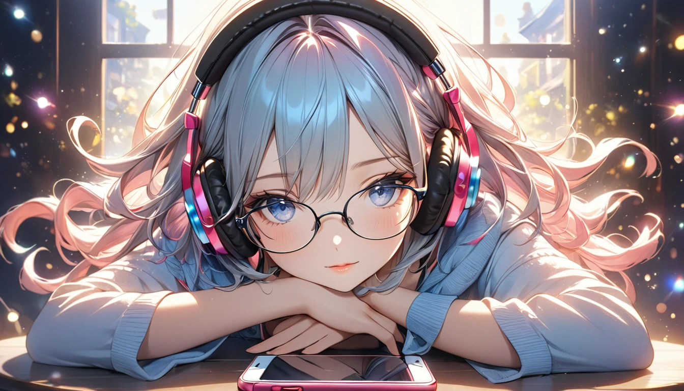 Highest quality, Intricate details, Very delicate, so beautiful, Highest quality, High Qualite, Very beautiful face, kindness, 超detailed hair, thin, cute, Perfectly symmetrical face, Upper body rest (Beautiful colors,detailed,Highest quality,Great quality,so beautiful),Lighting particles, Casual Fashion, Headphones, smartphone, Glasses