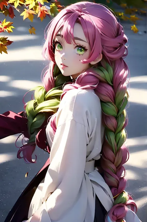 a woman with pink hair posing next to trees dressed in a red sweater, 1girl, solo, kanroji mitsuri, multicolored hair, green eye...