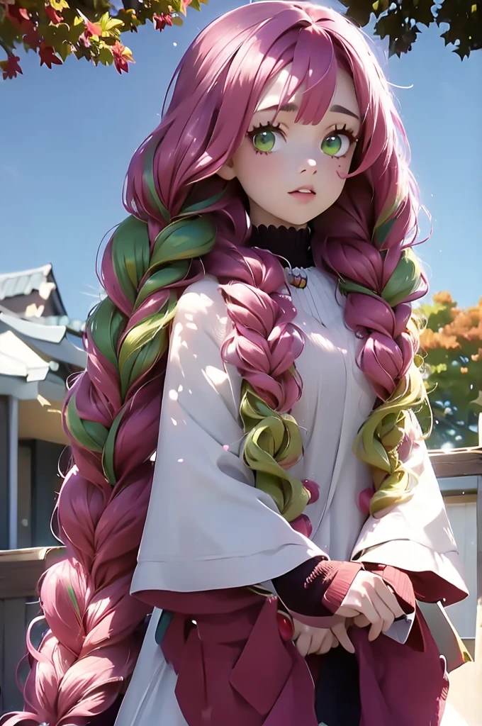 a woman with pink hair posing next to trees dressed in a red sweater, 1girl, solo, kanroji mitsuri, multicolored hair, green eyes, mole, pink hair, braid, green hair, sweater, long hair, gradient hair, mole under eye, looking at viewer, twin braids, breasts, parted lips, off shoulder, lips, sleeveless, autumn leaves, bare shoulders, autumn,mitsuri(demon slayer)