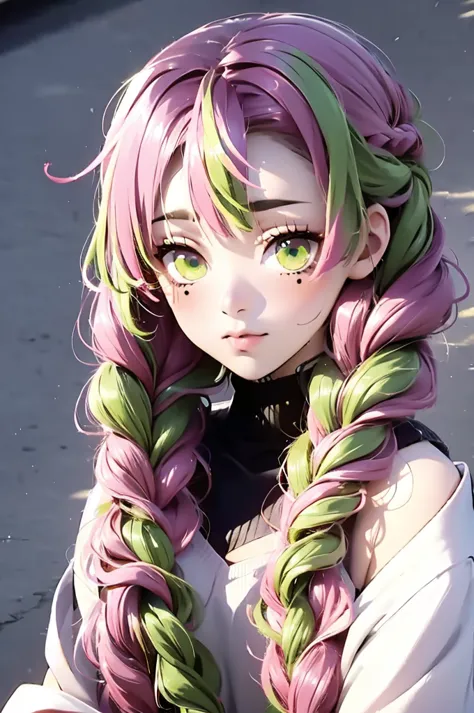 a digital painting of a woman with dyed pink hair and pink eyes, 1girl, solo, kanroji mitsuri, multicolored hair, green eyes, mo...