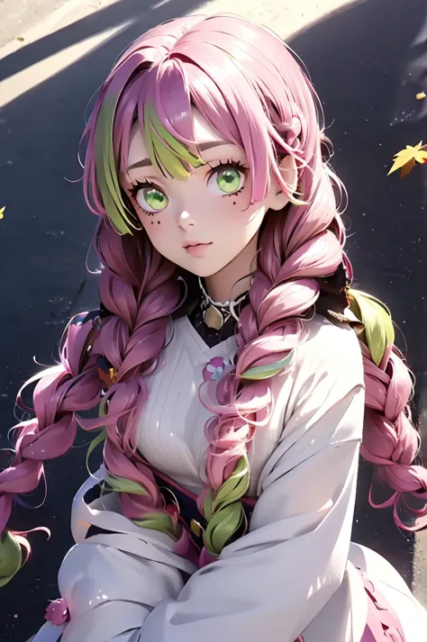 a digital painting of a woman with dyed pink hair and pink eyes, 1girl, solo, kanroji mitsuri, multicolored hair, green eyes, mo...