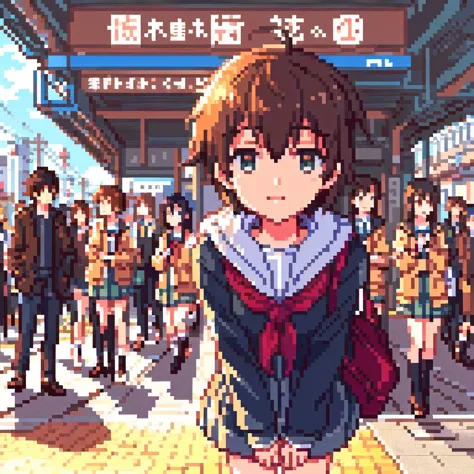 in front of the station、an anime character standing with his hands on his hips, everyone, kantai collection style, visual novel ...