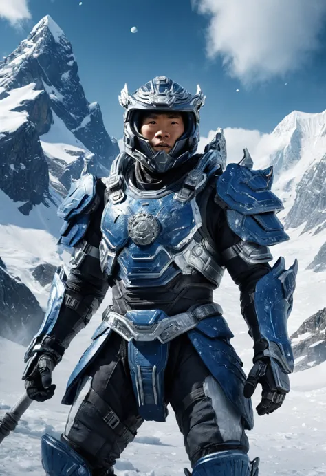 aiyouxiketang, a movie poster with a sci-fi,future context. a man,snow mountain,glacier,wearing blue and white metal armor,falli...