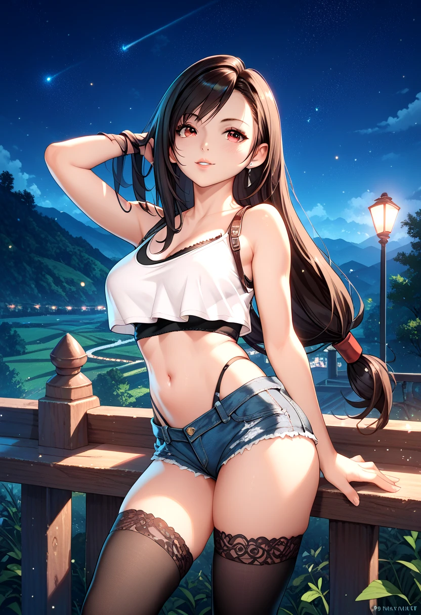 Tifa Lockhart, wallpaper, landscape, Depth of written boundary, night, Particles of light, light, Side lighting, Thighs,camisole, crop top, denim micro shorts, highleg panties, lingerie, stockings,