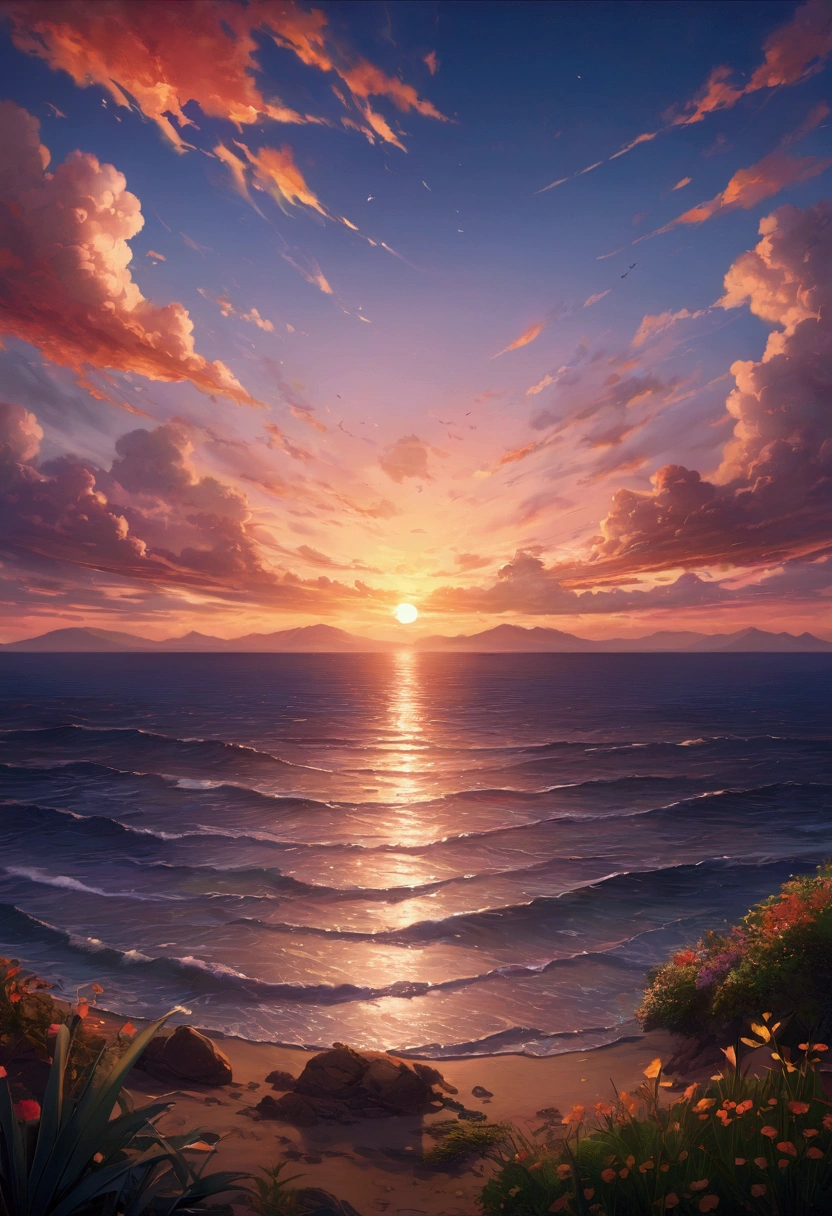 ​masterpiece, top-quality, depth of fields, high details, 8K, scenery, a scene of sunset, on horizon, clouds, colorful sky,