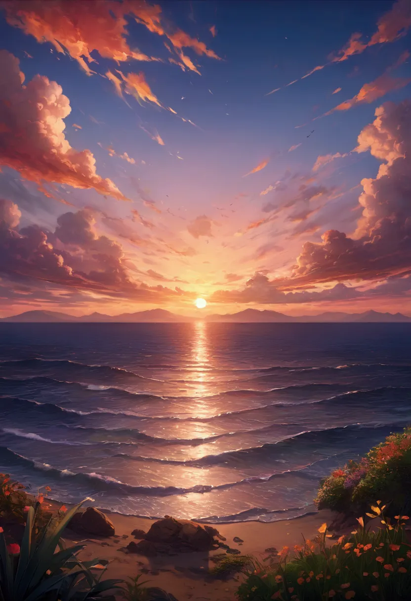 ​masterpiece, top-quality, depth of fields, high details, 8k, scenery, a scene of sunset, on horizon, clouds, colorful sky,