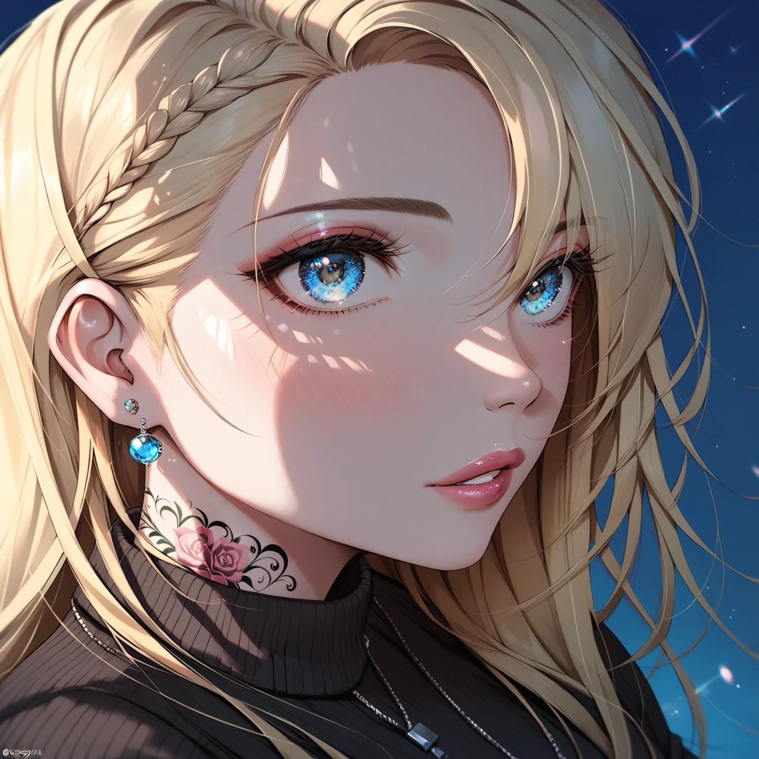 Princesa Peach, 1 woman, blue eyes, straight blonde hair, long hair over her breasts, Street clothes, Black low cut sweater, neon tattoos, Science fiction. futurist, evening, dark, sensual body. Leggy eyelashes, Detailed face, beautiful face, sensual. Susadera, hood.