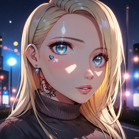 princesa peach, 1 woman, blue eyes, straight blonde hair, long hair over her breasts, street clothes, black low cut sweater, neo...