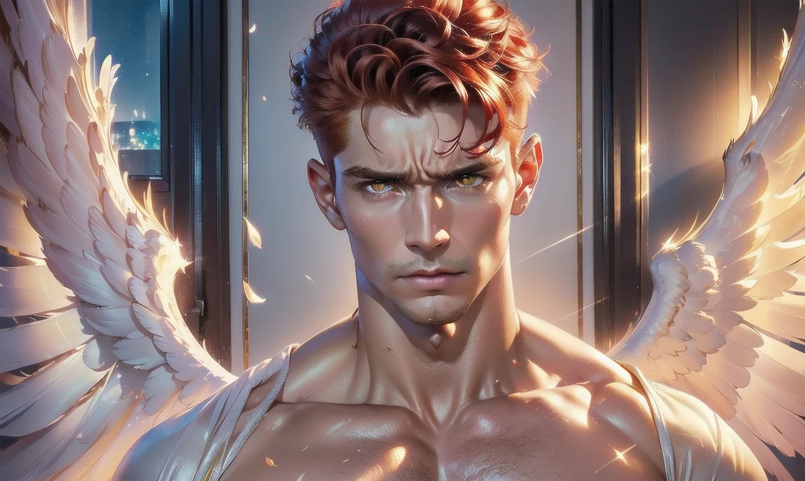 [((highly detailed, detailed eyes, detailed face, clear and realistic facial features, photorealistic, realistic light, cinematic, looking at you)), (1 man), (((((Gorgeous perfect sexy powerful masculine male angel))))), (((he has two grand golden angel wings sprouting out of his back))), ((((short sexy red hair)))), ((((pale yellow eyes)))), ((30 year old)), ((wearing flattering gold and white clothes)), (((aura of divine power))), standing in a cozy apartment at nighttime, ((light blush)), (((((wearing a clearly indignant expression)))))]