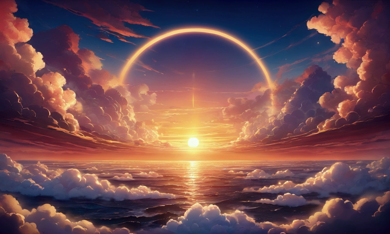 ​masterpiece, top-quality, depth of fields, high details, 8K, scenery, a scene of sunset, on horizon, sea of clouds, colorful sky, A halo is a ring around the sun