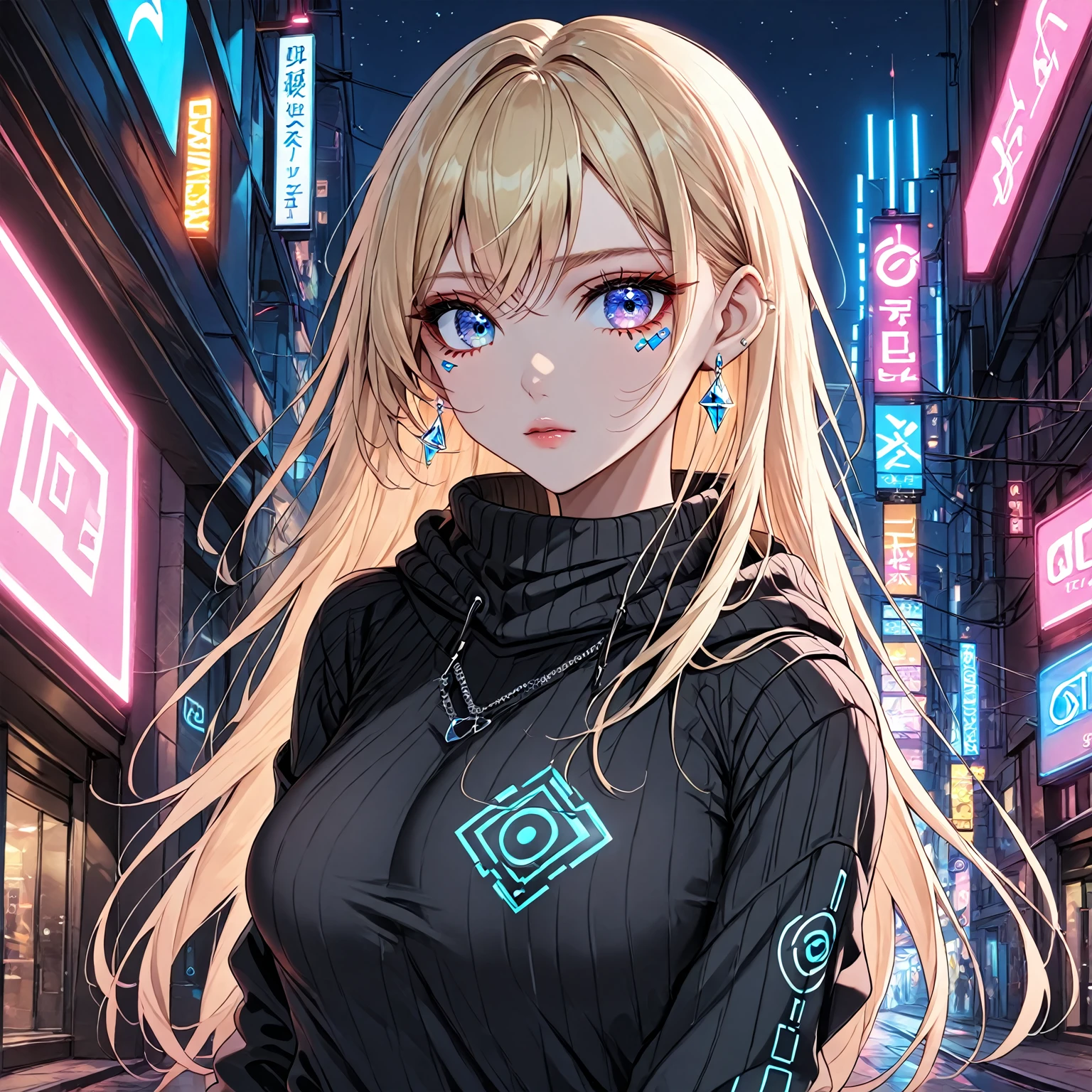 Princess Peach, 1 woman, blue eyes, straight blonde hair, long hair over her breasts, street clothes, low-cut black sweater, neon tattoos, science fiction. Futuristic, night, dark, sensual body. Long eyelashes, detailed face, beautiful, sensual face. Sweatshirt, hood.