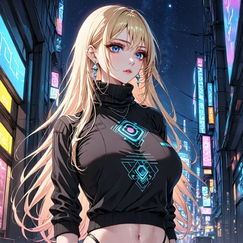 princess peach, 1 woman, blue eyes, straight blonde hair, long hair over her breasts, street clothes, low-cut black sweater, neo...