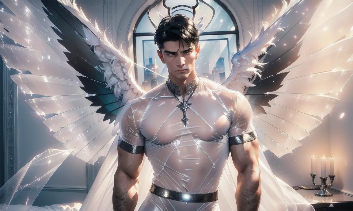 [((highly detailed, detailed eyes, detailed face, clear and realistic facial features, photorealistic, realistic light, cinematic, looking at you)), (1 man), (((((Gorgeous perfect sexy powerful masculine male angel with see-thru transparent wings))))), (((there are two silver transparent barely-visible angel wings at his back))), ((((short sexy black hair)))), ((((pale silver eyes)))), ((30 years old)), ((wearing flattering white clothes)), (((aura of divine power))), standing in a cozy apartment at nighttime, ((light blush)), (((((wearing a clearly indignant expression)))))]