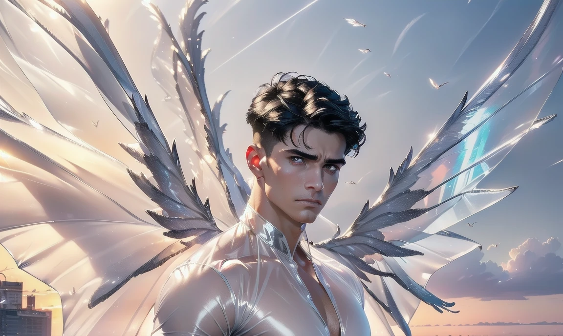 [((highly detailed, detailed eyes, detailed face, clear and realistic facial features, photorealistic, realistic light, cinematic, looking at you)), (1 man), (((((Gorgeous perfect sexy powerful masculine male angel with see-thru transparent wings))))), (((there are two silver transparent barely-visible angel wings at his back))), ((((short sexy black hair)))), ((((pale silver eyes)))), ((30 years old)), ((wearing flattering white clothes)), (((aura of divine power))), standing in a cozy apartment at nighttime, ((light blush)), (((((wearing a clearly indignant expression)))))]