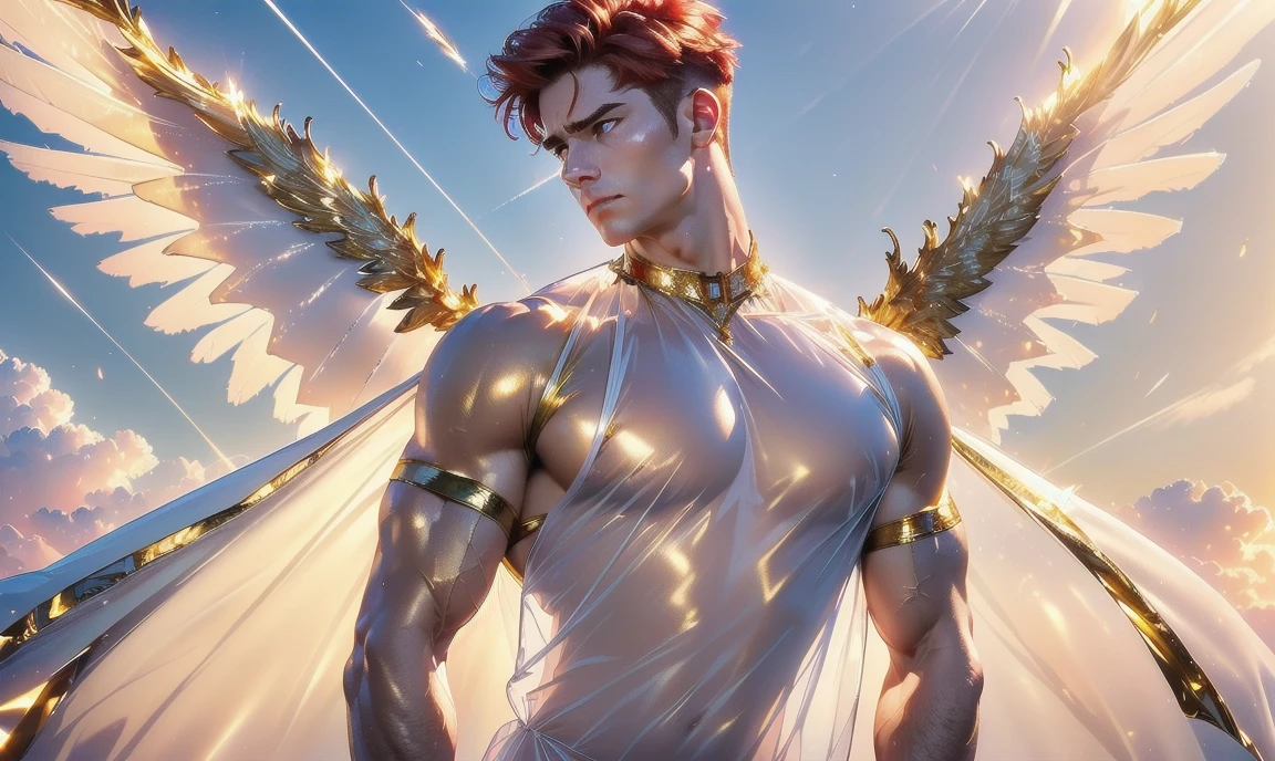 [((highly detailed, detailed eyes, detailed face, clear and realistic facial features, photorealistic, realistic light, cinematic, looking at you)), (1 man), (((((Gorgeous perfect sexy powerful masculine male angel with see-thru transparent wings))))), (((there are two golden transparent barely-visible angel wings at his back))), ((((short sexy red hair)))), ((((pale yellow eyes)))), ((30 year old)), ((wearing flattering gold and white clothes)), (((aura of divine power))), standing in a cozy apartment at nighttime, ((light blush)), (((((wearing a clearly indignant expression)))))]