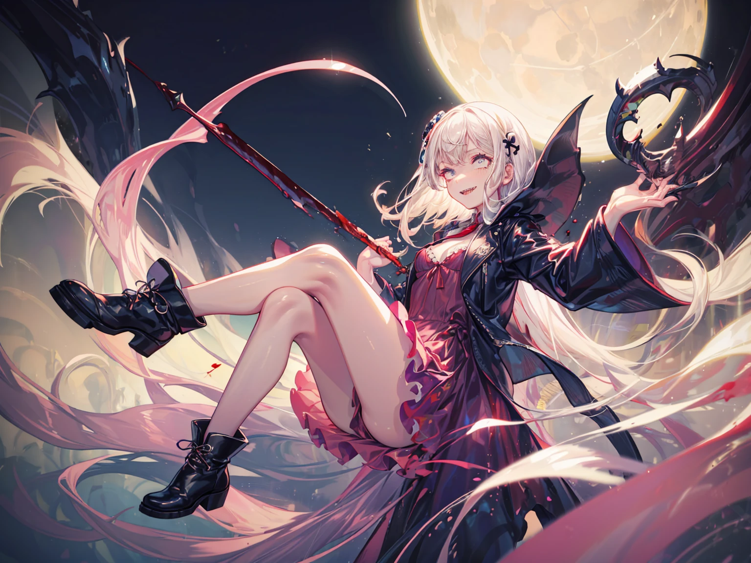 Shaded face　、beautiful girl、とてもcute天使、Pink Gothic Dress、cute、Baby Face、smile、Long skirt、Black long boots、,(whole body, legS and 靴 viSible: 1.2), ,Ghost,Frolicking Girl,Multiple women,tea ,クレイジーなsmile,look up,Face shot,Scythe Face,Girl Monster, slave,beautiful, Detailed portrait, Delicate facial features, Sharp Eye, Sharp Fangs, Pale skin, Dark Background, Cinema Lighting, Dramatic Shadows, Gothic style, Gloomy atmosphere, Dark fantasy, One person&#39;S, , Please open your mouth wide, Open your mouth and baring your teeth,Sharp teeth like a beast, Wide lips, very wide mouth, Vermilion cheeks, ,(Blood splatter:1.3),Scary face, Laughter　Witch design, ねじれたsmile、Bloody、bleeding from the head,、Blood splatter、,(Blood splatter:1.3),Crossbones, skull,　, Horror Style, ((Fantasy Witch Costume)), ((Flowing white hair)), ,(Blood splatter:1.3),Female curves, Large Breasts, Thick thighs, Sexy flat stomach, Perfect hands, Perfect anime face, ((Darkta DreSS)), Are standing, ((邪悪なsmile)), ,(Blood splatter:1.3),Victorian cities, gaslight, Steam circulateS, Moonlight Illumination, night lighting, A sky filled with stars and galaxies,disaster々new devil horns,,(Blood splatter:1.3),アニメゾンビWitch design, ねじれたsmile、Bloody、bleeding from the head,、Blood splatter、,(Blood splatter:1.3),Crossbones, skull,,Photo Background,Wide Shot,Scythe Face,Girl Monster, slave,beautiful, Detailed portrait, Delicate facial features, Sharp Eye, Sharp Fangs, Pale skin, Thick chain, Dark Background, Cinema Lighting, Dramatic Shadows, Gothic style, Gloomy atmosphere, Dark fantasy, One person&#39;S, , Please open your mouth wide, Open your mouth and baring your teeth,Sharp teeth like a beast, Wide lips, very wide mouth, Vermilion cheeks, ,(Blood splatter:1.3),Scary face, Laughter　Witch design, ねじれたsmile、Bloody、bleeding from the head,、Blood splatter、,(Blood splatter:1.3),Crossbones, skull,　, Horror Style,
