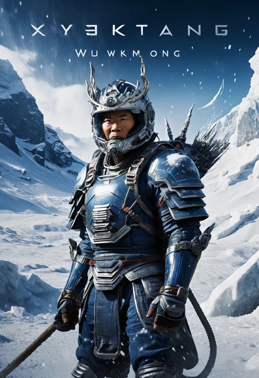 aiyouxiketang, a movie poster with a sci-fi,future context. A man,snow mountain,glacier,wearing blue and white metal armor,falling snow,wind,best quality,highres,extremely detailed CG,perfect lighting,8k wallpaper, Ray tracing,UE5,C4d, Centered prominently in bold, Monsterazor font, the title CYBERKONG should stand out, reflecting the futuristic theme, In elegant, stylized font, include the text: MOVIE by JAY HUANG. At the bottom of the poster, include the release date 22.09.2024 in a clean, modern font.The poster should have a cinematic and futuristic feel, drawing viewers into the enchanting world of space exploration while highlighting the joyful spirit of Black Myth Wukongs journey.