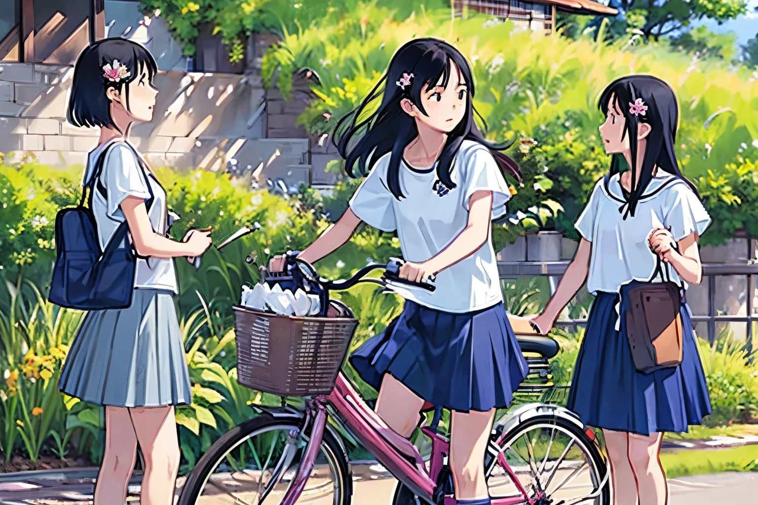 masterpiece, Highest quality,plural, Three Girls, (Playing with a bike)、Insect removal、Insect removal編み、Sandals, Black Hair, short hair、Long Hair, Hair ties, hair band, hair ornaments, Straw hat、Shorts, skirt、dappled daylight、Outdoor, nature, wood々、 Grassland、countryside、Suburban、