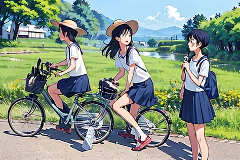 masterpiece, highest quality,plural, three girls, (playing with a bike)、insect removal、insect removal編み、sandals, black hair, sho...