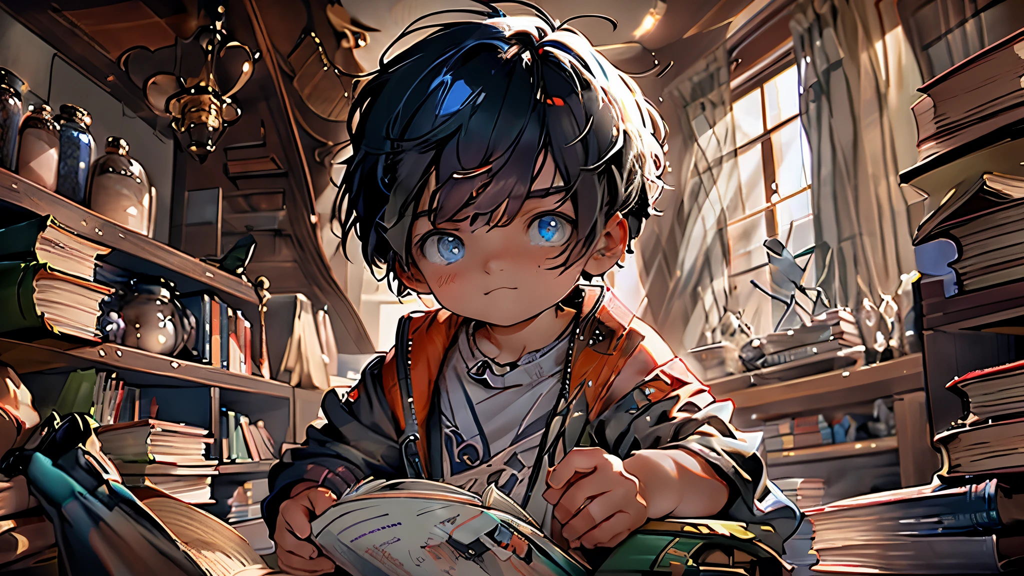 1 cute boy, a book, a solo, blue eyes, colored hair inside, a shirt, a bookshelf, a white shirt, multi-colored hair, has a book, indoors, short hair, a collared shirt, black hair, a jacket, looking at the viewer, blue hair, closed mouth, bangs, an open book, sitting, bare shoulders, upper body, two-toned hair, full colors, vibrant colors, best quality, high quality, high resolution, masterpiece, 8k, detailed eyes, detailed hair, detailed face, perfect lighting, detailed shading,