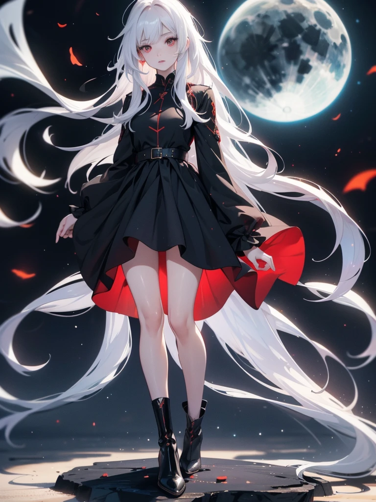 Girl with long white hair down to her waist, with small red details, red eyes, long black dress with a leg slit, with red details, long black boots up to below the knees, white skin, the ground around her is cracking and small stones are floating around her surrounded by a black aura, she is surrounded by shadows, and the background is dark like the night with the universe and stars, her presence causes fear, her shadow appears to be a monster, 8k, high quality, full body, (ultra-realistic), {extremely detailed 8k CG unit wallpaper}, expansive landscape photograph, (light: 2.0), (warm light source: 1.5), complex details, (iridescent colors: 1.5), (bright lighting), (atmospheric lighting), surreal, impressive, fantasy, (Solo: 1.2), White moon