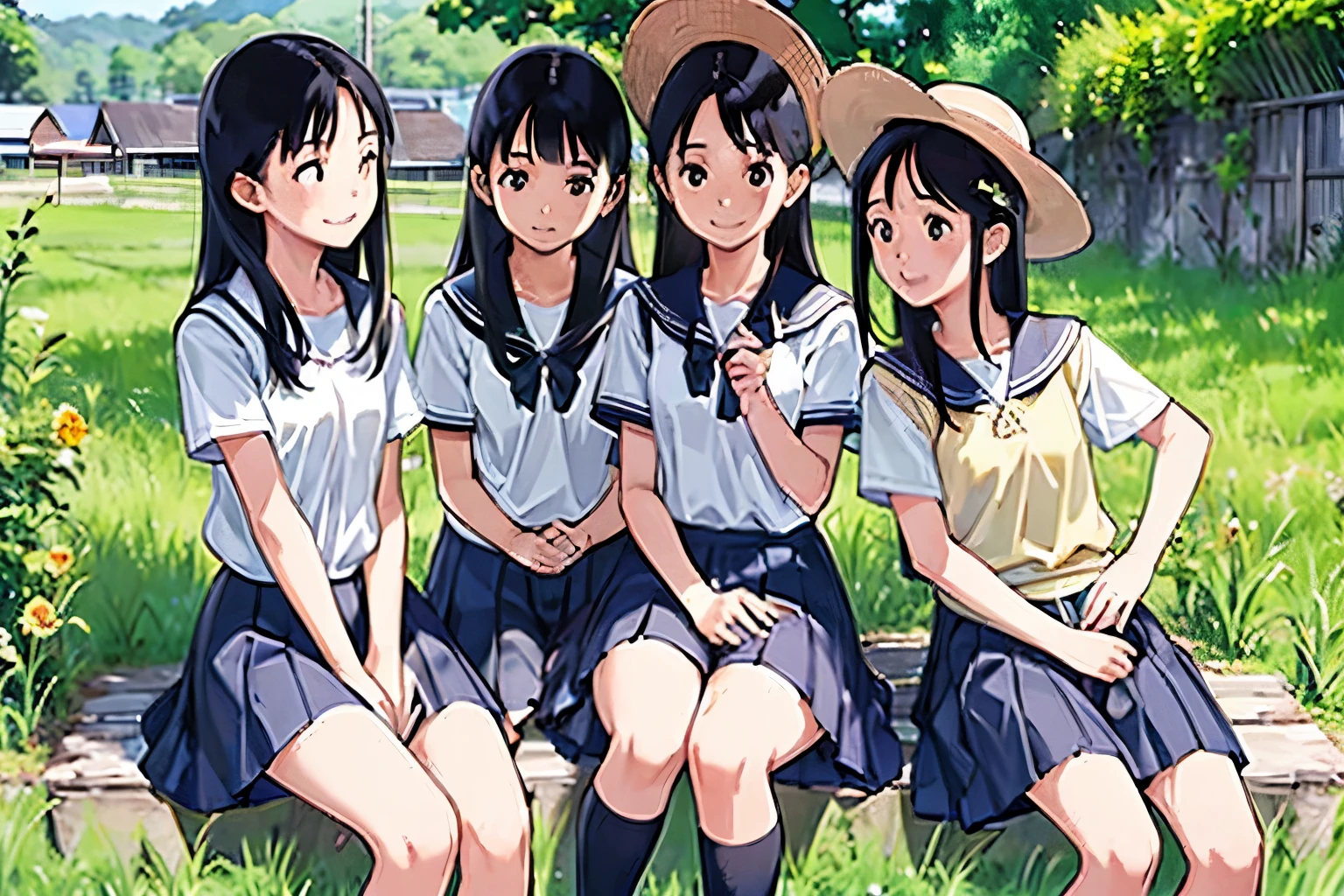 masterpiece, Highest quality,plural, Three Girls, (Playing with a bike)、Insect removal、Insect removal編み、Sandals, Black Hair, short hair、Long Hair, Hair ties, hair band, hair ornaments, Straw hat、Shorts, skirt、dappled daylight、Outdoor, nature, wood々、 Grassland、countryside、Suburban、