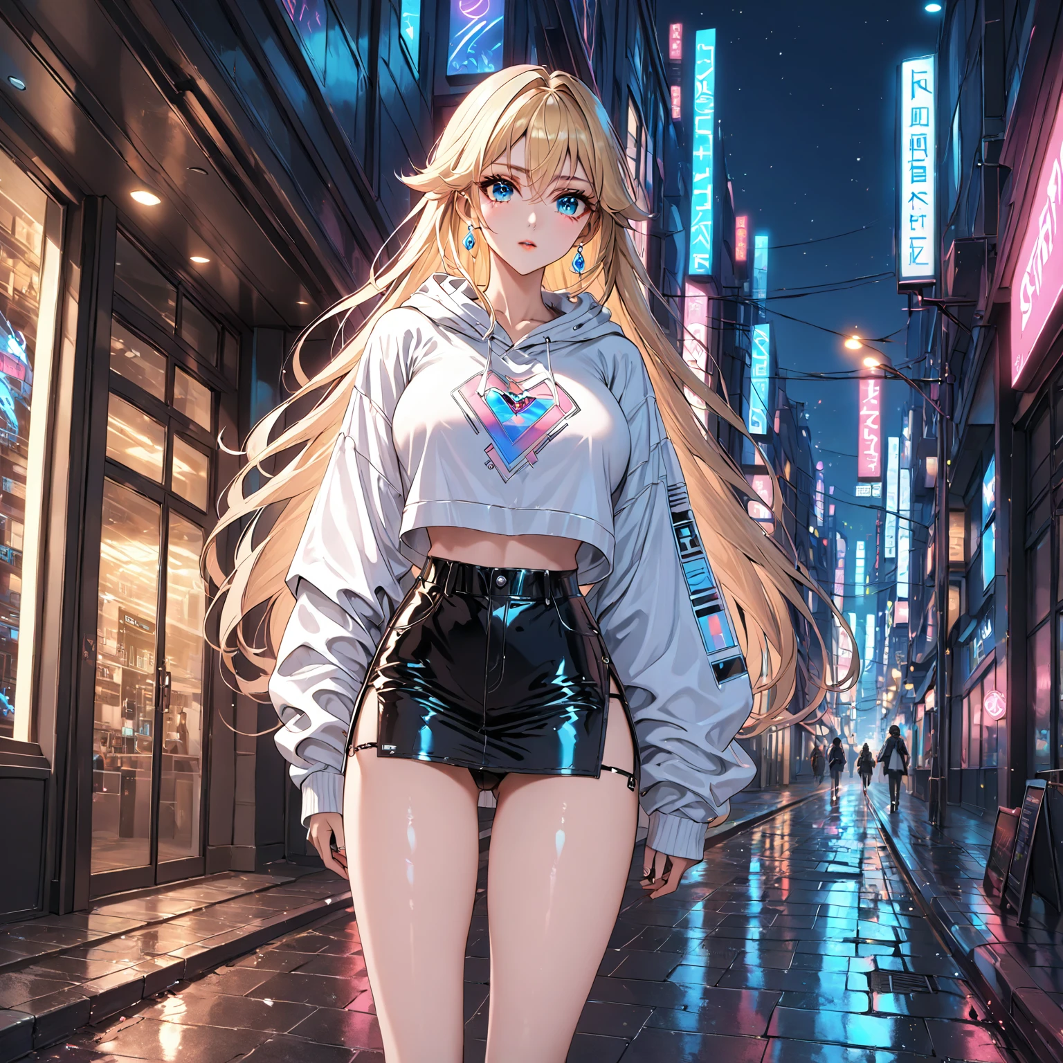 Princess Peach, 1 woman, blue eyes, straight blonde hair, long hair over her breasts, street clothes, low-cut shirt, science fiction. Futuristic, night, dark, sensual body. Long eyelashes, detailed face, beautiful, sensual face. Sweatshirt, hood. fixed gaze, full body. beautiful body, sensual.