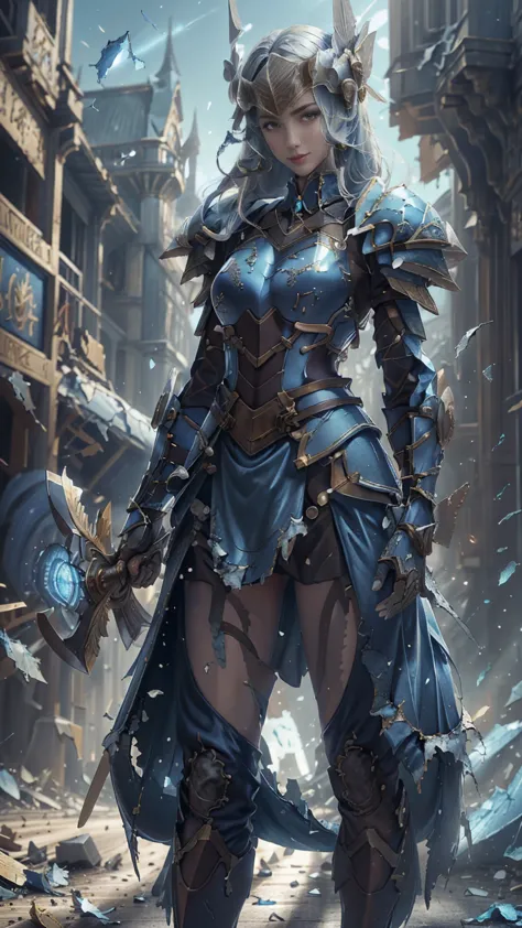 lenneth from 'valkyrie profile', blue plate mech4rmor, blue breastplate armor (broken/damaged), (damaged armor exposing random s...