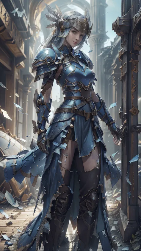 lenneth from 'valkyrie profile', blue plate mech4rmor, blue breastplate armor (broken/damaged), (damaged armor exposing random s...