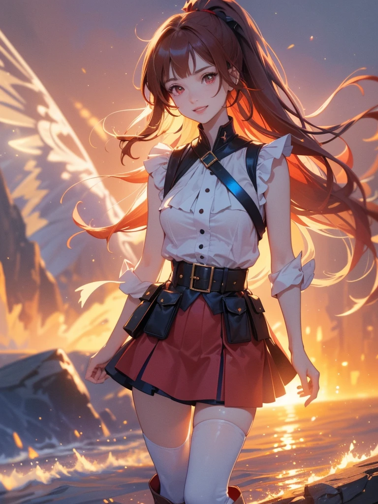 20 years old, long red hair, wears a ponytail, red eyes, always smiling. She dresses in an antique style, wearing a short brown skirt with black shorts underneath, ending above the knees. She wears knee-high brown boots. Her white blouse is sleeveless and features red details. She possesses fire powers and has a fire-themed background. 8k, high quality, full body, (ultra-realistic), {extremely detailed 8k CG unit wallpaper}, expansive landscape photograph, , (light: 2.0), (warm light source: 1.5), complex details, (iridescent colors: 1.5), (bright lighting), (atmospheric lighting), surreal, impressive, fantasy, (Solo: 1.2)