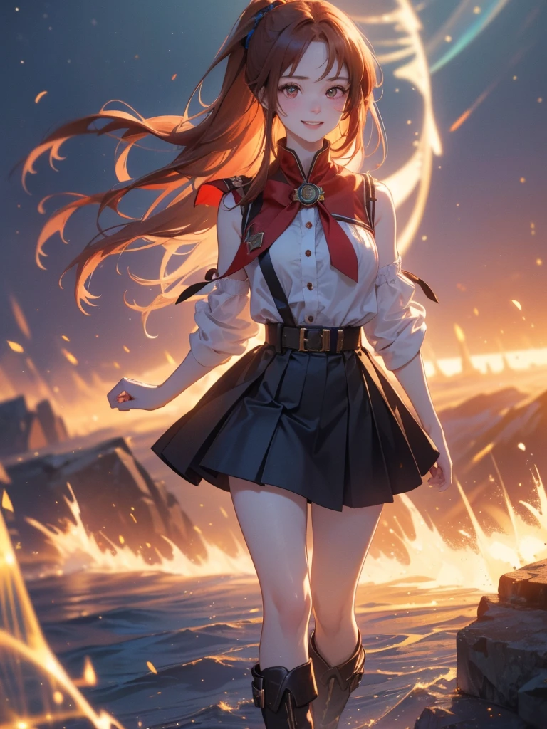 20 years old, long red hair, wears a ponytail, red eyes, always smiling. She dresses in an antique style, wearing a short brown skirt with black shorts underneath, ending above the knees. She wears knee-high brown boots. Her white blouse is sleeveless and features red details. She possesses fire powers and has a fire-themed background. 8k, high quality, full body, (ultra-realistic), {extremely detailed 8k CG unit wallpaper}, expansive landscape photograph, , (light: 2.0), (warm light source: 1.5), complex details, (iridescent colors: 1.5), (bright lighting), (atmospheric lighting), surreal, impressive, fantasy, (Solo: 1.2)