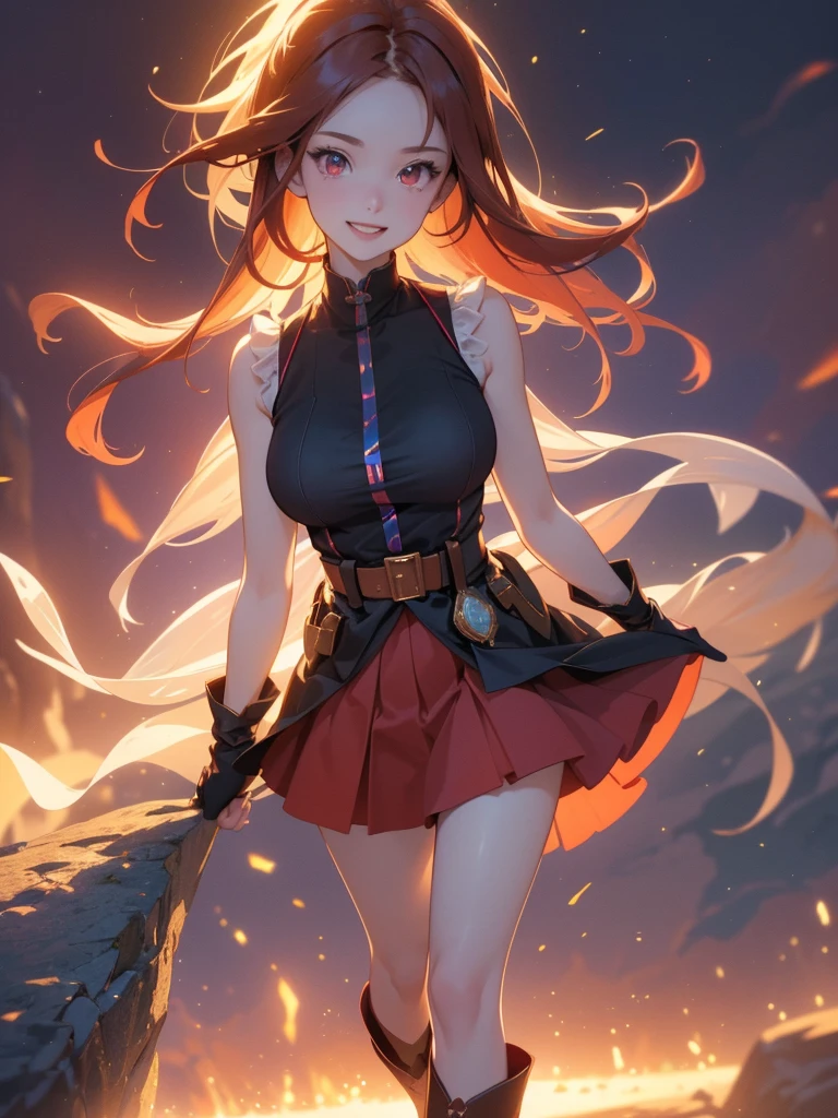 20 years old, long red hair, wears a ponytail, red eyes, always smiling. She dresses in an antique style, wearing a short brown skirt with black shorts underneath, ending above the knees. She wears knee-high brown boots. Her white blouse is sleeveless and features red details. She possesses fire powers and has a fire-themed background. 8k, high quality, full body, (ultra-realistic), {extremely detailed 8k CG unit wallpaper}, expansive landscape photograph, , (light: 2.0), (warm light source: 1.5), complex details, (iridescent colors: 1.5), (bright lighting), (atmospheric lighting), surreal, impressive, fantasy, (Solo: 1.2)