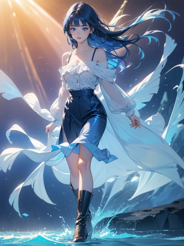 20 years old, with short dark blue hair to the shoulders, a serious yet tender expression, and bright light blue eyes. She dresses in an antique style, wearing a long dark blue skirt that reaches her knees, and small dark brown boots up to her ankles. Her white blouse is long-sleeved, covering her fingers slightly, and falls off one shoulder, leaving it exposed. She possesses water powers and has a water-themed background. 8k, high quality, full body, (ultra-realistic), {extremely detailed 8k CG unit wallpaper}, expansive landscape photograph, (light: 2.0), (warm light source: 1.5), complex details, (iridescent colors: 1.5), (bright lighting), (atmospheric lighting), surreal, impressive, fantasy, (Solo: 1.2)