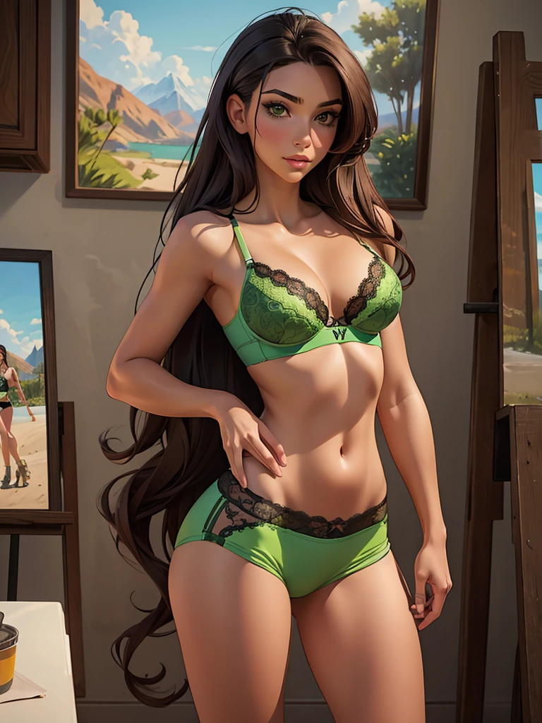 masterpiece, RAW, beautiful art, Professional Artist, 8 K, very detailed face, Very Detailed Hair, 1 girl, Kim is A+, dressed in green sports shorts and a lace bra, no shortcuts, no branding, camel&#39;s foot, exercises, stretch, Yoga Poses, in a quiet mountain dojo, perfectly dRAWn body, Beautiful face, long hair, very detailed eyes, smiling, pink cheeks, green hair, complex parts in eyes, wrinkled lips, perfectly toned body, beautiful body, extremely detailed, complex parts, very detailed, spicy focus, detailed skin, realistic skin texture, texture, detailed eyes, a high resolution, Kodak Vision цветной, Photo_\(Ultra\), Post-processing, Maximum detail, roughness, real life, Ultra realistic, Photorealism, Photography, absurdity, RAW Photo, top quality, high detail RAW color Photo, professional Photo, extremely detailed UHD 8 K wallpaper unit, Best quality, a high resolution, (masterpiece, top quality, a high resolution:1.4), Photo, cinematic, granularity, spicy, soft natural light, magic Photography, super detailed