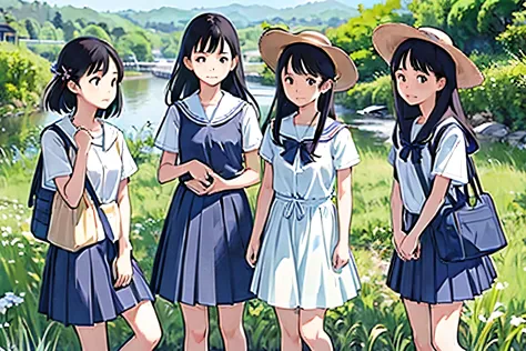 masterpiece, highest quality,plural, three girls, (countrysideのローカル線の無人駅のホームで)、black hair, short hair、long hair, hair ties, hair...