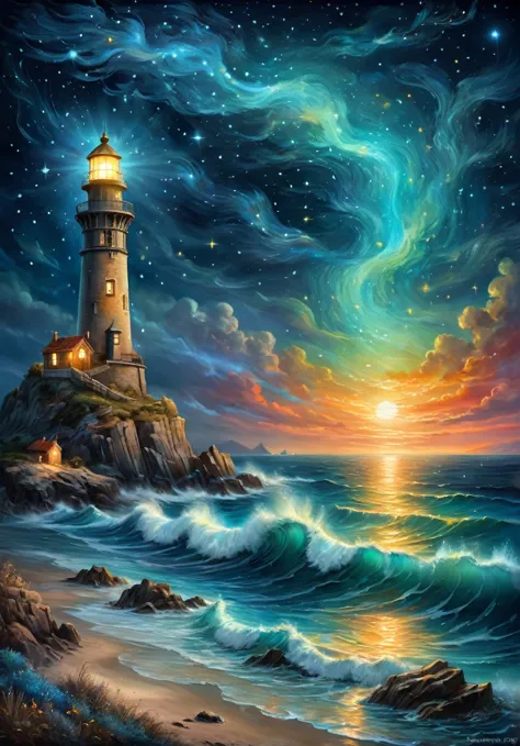 a nocturnal seascape with a lighthouse illuminating a starry sky where constellations come to life as mythical animals, (magical...