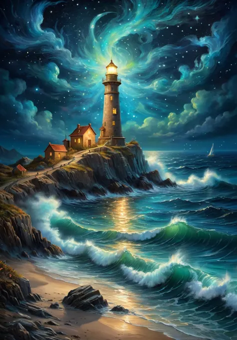 a nocturnal seascape with a lighthouse illuminating a starry sky where constellations come to life as mythical animals, (magical...