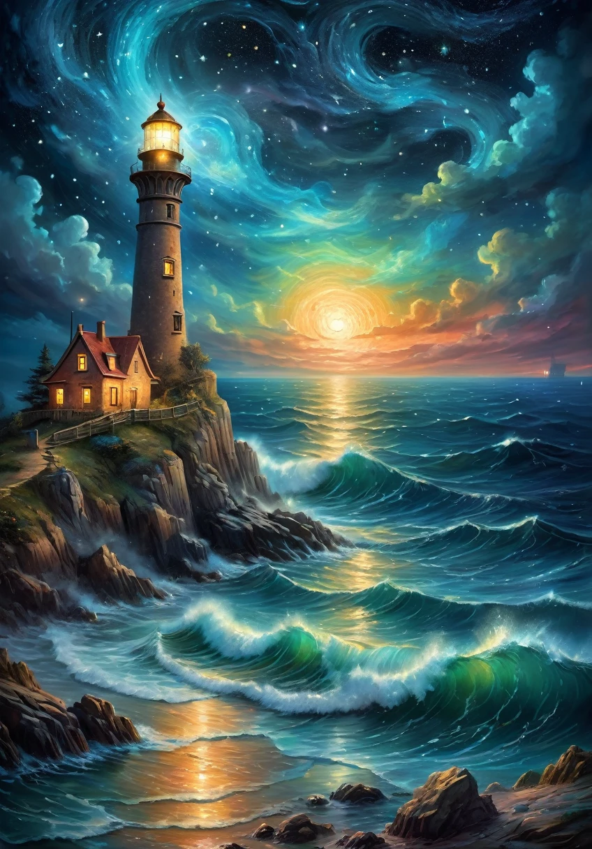 a nocturnal seascape with a lighthouse illuminating a Starry Sky where constellations come to life as Mythical Animals, (Magical Realism:1.5), (Surrealism:1.4), Vivid contrasting colors, (Lighting Effects:1.5), (Starry Sky:1.3), (Mythical Animals:1.4), Artwork Inspired by Vincent Van Gogh, Ivan Aivazovsky, (Josephine Wall:1.2), Popular on deviantart, high resolution, Mysterious and charming atmosphere, (Fantastic quality:1.4)