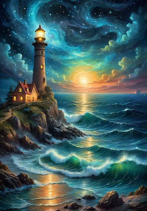 a nocturnal seascape with a lighthouse illuminating a starry sky where constellations come to life as mythical animals, (magical...