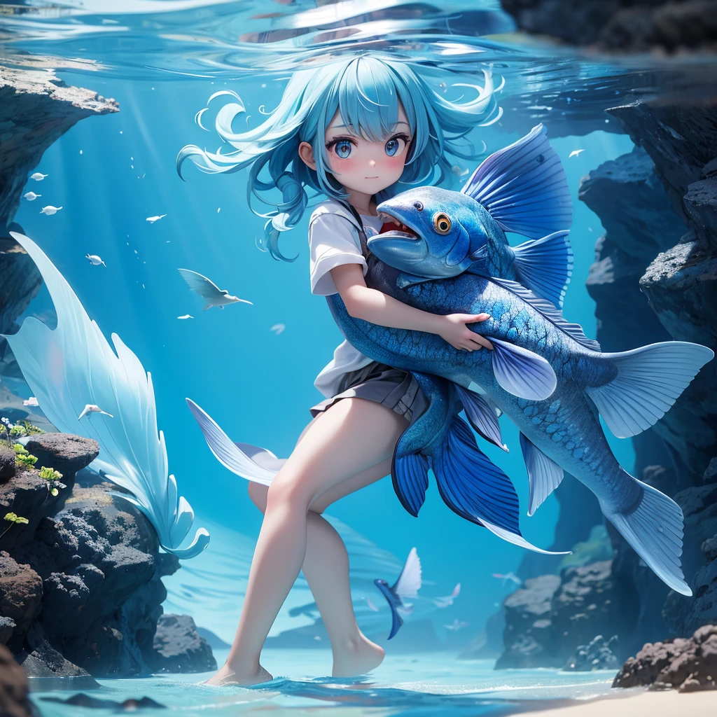 A beautiful girl clutching a coelacanth in one hand, Blue Cave, she caught it!