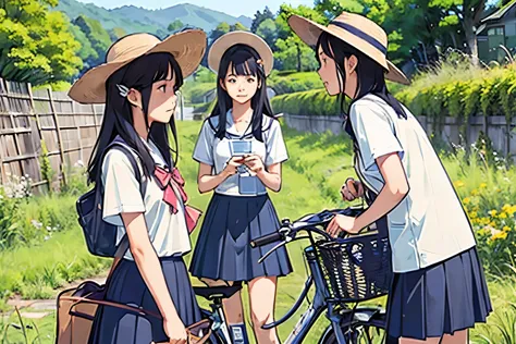 masterpiece, highest quality,plural, three girls, (countrysideのローカル線の無人駅のホームで)、bicycle、black hair, short hair、long hair, hair ti...