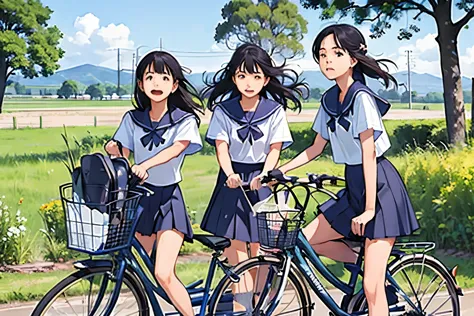 masterpiece, highest quality,plural, three girls, (countrysideのローカル線の無人駅のホームで)、bicycle、black hair, short hair、long hair, hair ti...