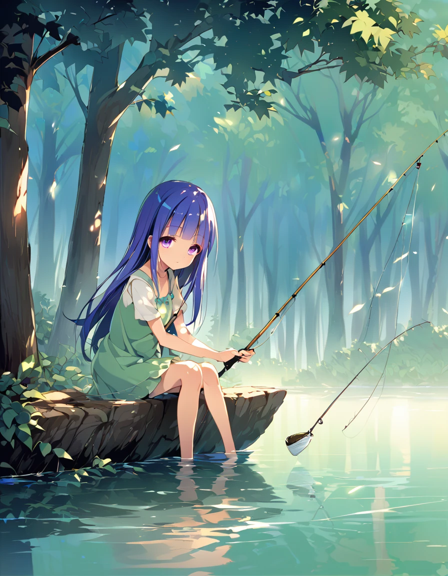 (fishing), (Rika Furude), Blue Hair, Purple eyes, Long Hair, blunt bangs, bangs, woman, 1 person, green dress, Early morning fog, Quiet river, fishing竿を握る手, Trees shrouded in mist々