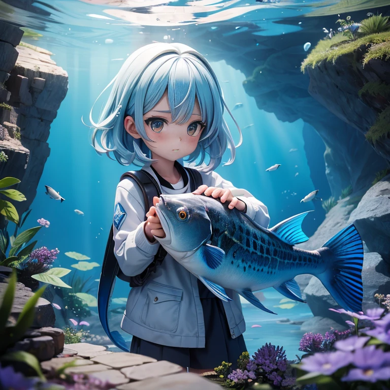 A beautiful girl clutching a coelacanth in one hand, Blue Cave, she caught it!